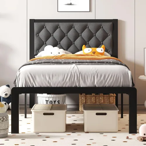 Vista 12 de Fluest Base de cama individual con cabecero, tapizada en cuero PU, marco de plataforma con soporte de listones metálicos, con espacio