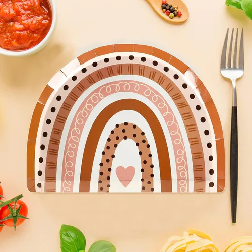 Vista 4 de AnyDesign Platos de papel boho arco iris, platos de postre desechables retro hippie para suministros de fiesta de cumpleaños, decoración de mesa