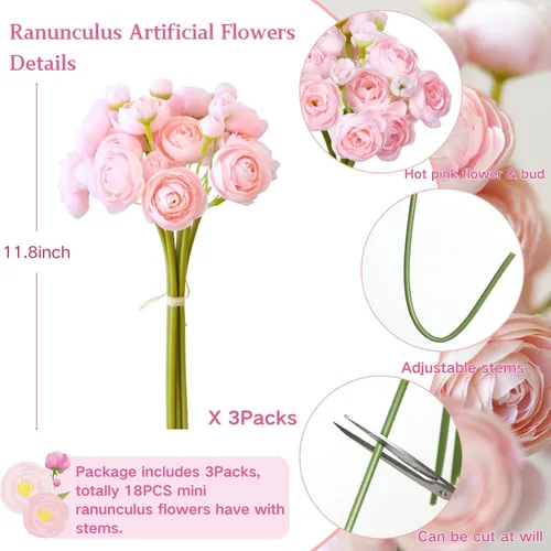 Vista 3 de ASTRYAS Ranunculus Flores artificiales, 18 piezas de seda sintética de color rubor, mini ranúnculo, flores falsas para relleno de boda para ramos