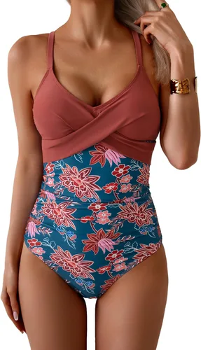 Vista 24 de B2prity Traje de baño de una pieza para mujer con control de abdomen marrón (Cameo Brown)