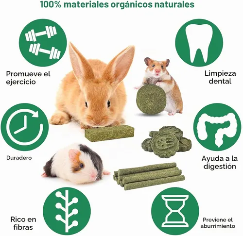 Vista 2 de ERKOON 25 juguetes masticables de conejo, 100% natural Timothy heno galleta y palitos de golosinas, juguete masticable para dientes para conejo
