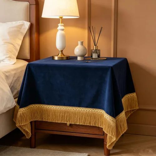Vista 27 de F-CHU - Funda de terciopelo negro de lujo para mesita de noche con flecos dorados, mantel decorativo para mesita de noche, a prueba de polvo
