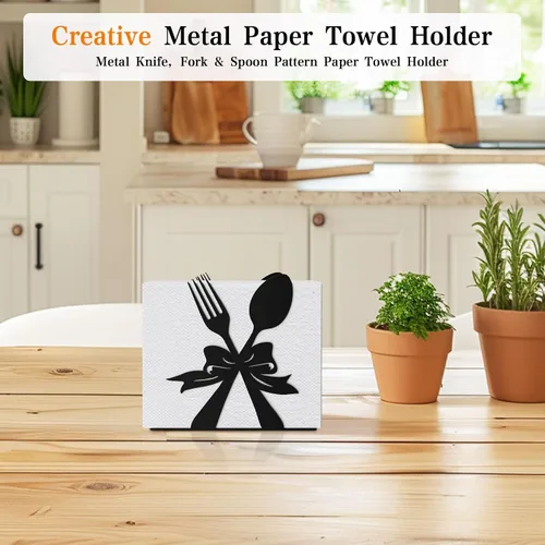 Vista 2 de Soporte de servilletas moderno de pie para mesa, dispensador de servilletas de metal negro, estilo con tema de tenedor y cuchara, adecuado
