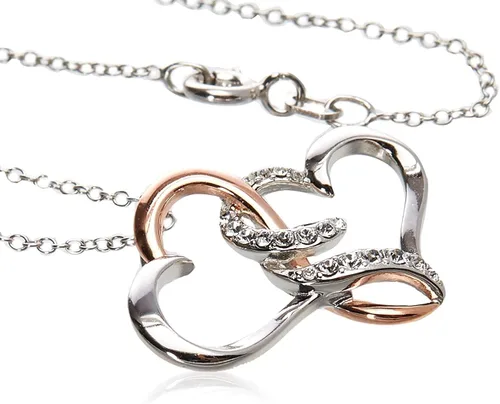 Vista 2 de Swarovski collar con dije de rodio y plata fina enchapara en oro rosado con diseño de dos corazones de cristal abiertos y enredados de 18 pulgadas
