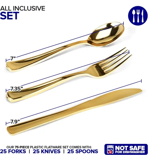 Vista 2 de Juego de cubiertos de plástico resistente (dorado) de 75 piezas, juego de cubiertos desechables, ideal para fiestas, bodas y catering, cubiertos