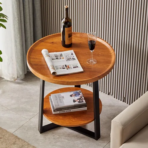 Vista 8 de YVYKFZD Round Coffee Table, 2 Tier Wood Center Table for Living Room, Fluted Tea Table with Metal Frame, Farmhouse Cocktail Table End Table(Walnut