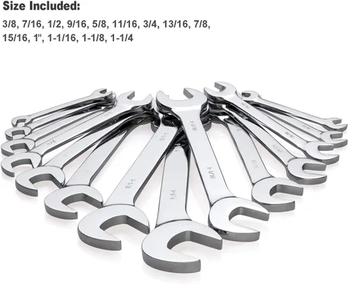 Vista 3 de Juego de llaves de extremo abierto de cabeza angular premium de 14 piezas, acero cromo vanadio Incluye tamaños estándar en pulgadas 3/8, 7/16
