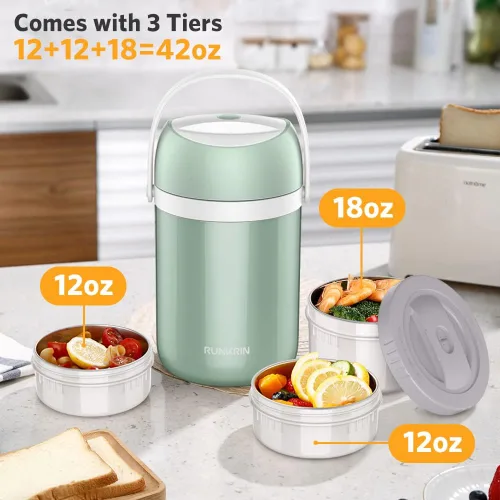 Vista 4 de Tarro de comida aislado de 64 onzas, lonchera térmica apilable de 3 niveles, mantiene la comida caliente 6 horas, a prueba de fugas, sin BPA