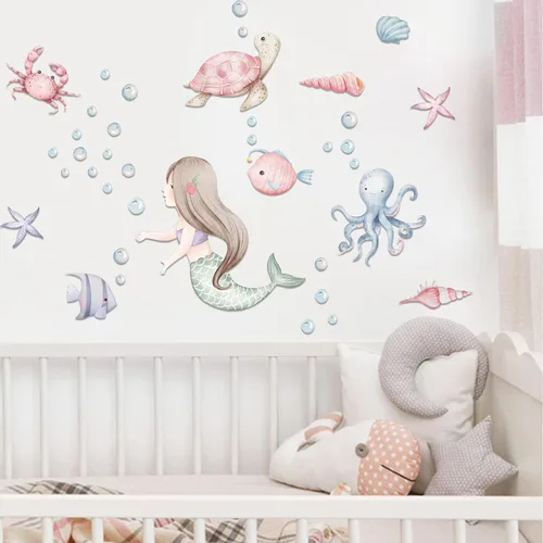 Vista 5 de Calcomanías de pared de sirena bajo el mar, calcomanías de pared de tortuga de pez oceánico, decoración de pared de baño, dormitorio de niñas, bebé
