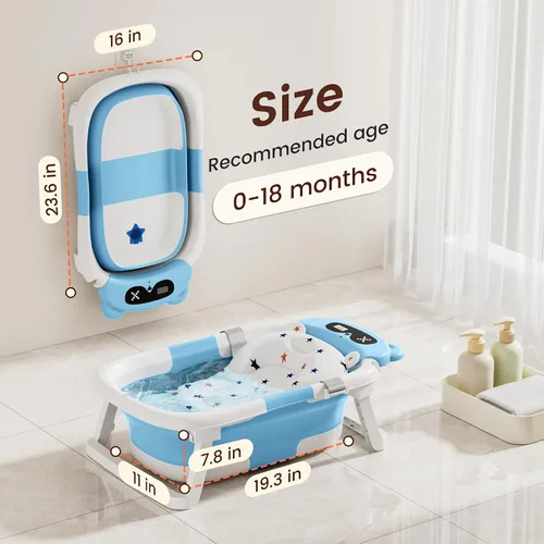 Vista 4 de Bañera para bebé, bañera plegable para recién nacidos a niños pequeños (0-18 meses), bañera plegable para viajar con termómetro, cojín suave, azul