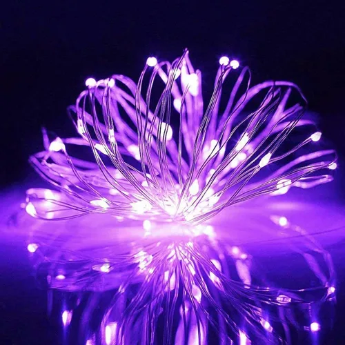 Vista 2 de Paquete de 12 luces de Halloween moradas que funcionan con pilas, luces de cadena de 7 pies, 20 luces LED de hadas, luces mini impermeables, cable