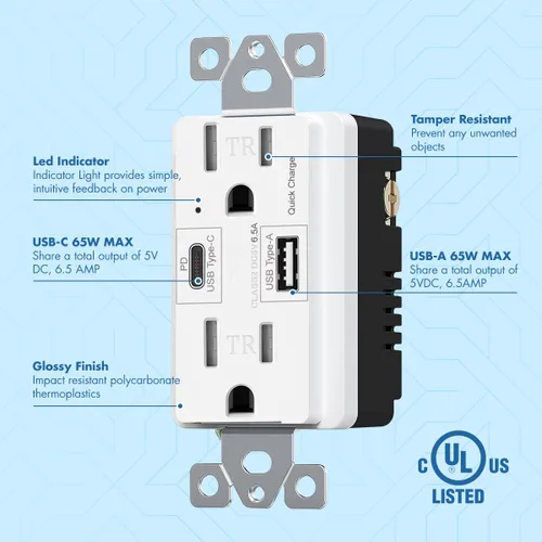 Vista 4 de Micmi Toma USB C + A PD de 65 W GaN + receptáculo de entrega de energía de 6.5 A con puertos tipo A y tipo C, 125 voltios resistente a