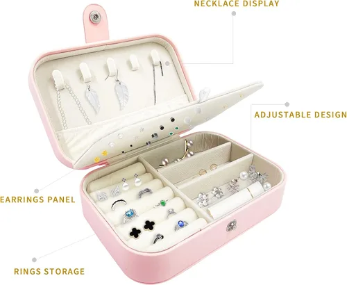 Vista 5 de CACASO Joyero organizador portátil de joyas de viaje de 2 capas caja de almacenamiento de joyas para mujer caja de joyería pequeña de piel sintética