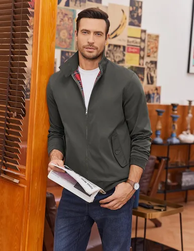 Vista 2 de COOFANDY - Chaquetas ligeras para hombre, chaqueta casual de estilo cortavientos con cremallera, cuello parado, chaqueta de golf elegante