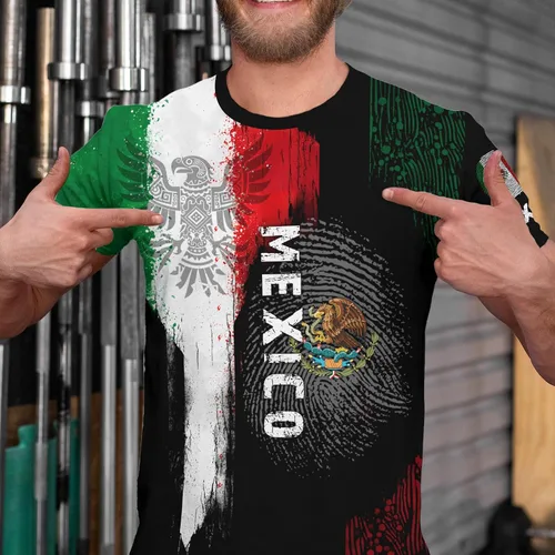 Vista 3 de Camiseta de manga corta con cuello redondo y bandera mexicana, camiseta 3D unisex
