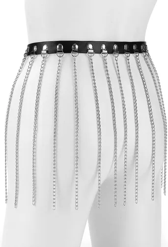 Vista 4 de Ayliss Cinturón de cadena de cintura punk para mujer, borla de metal, piel sintética, vintage, rockero, cinturón de vestir para jeans, pantalones