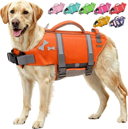 Vista 22 de EMUST Chalecos salvavidas para perros, chaleco flotante para canotaje con 2 Brillante rosa
