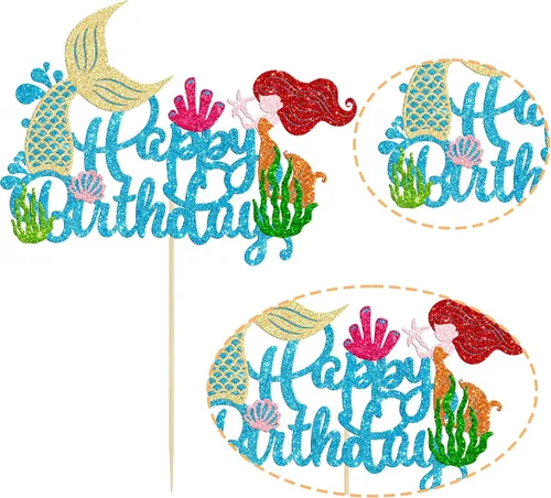 Vista 3 de Gyufise 1 pieza de decoración de pastel de sirena de feliz cumpleaños con purpurina de animales del océano, conchas marinas, cola de sirena