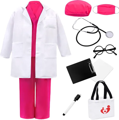 Vista 8 de Disfraz de médico para niños, conjunto de bata de laboratorio y ropa quirúrgica con accesorios para jugar y disfrazarse de 3 a 12 años Verde