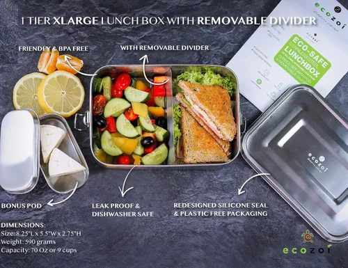 Vista 4 de ecozoi Lonchera Bento de acero inoxidable, 50 onzas, lonchera de 2 compartimentos con divisor extraíble y mini cápsula de salsa, a prueba de fugas
