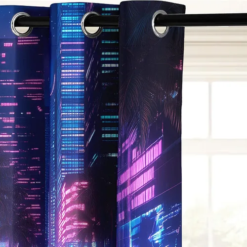 Vista 4 de Synthwave - Cortinas opacas para ventanas de cocina, cortinas de neón Cyberpunk City para decoración de dormitorio, sala de estar, cortinas retro