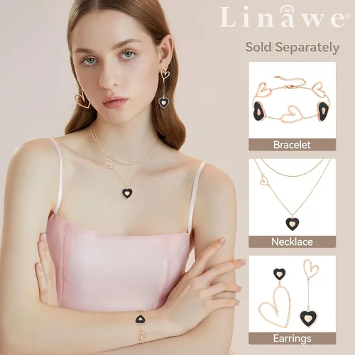 Vista 2 de Linawe Gargantilla en capas con dije de corazón para mujer, moderna, cadena de oroplataoro rosa, collares apilados de acero inoxidable, collar