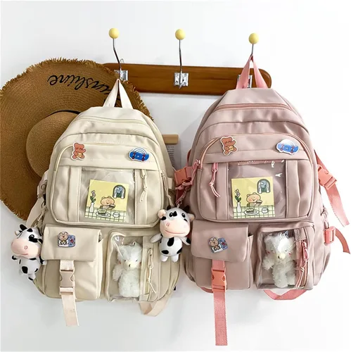 Vista 4 de Linda mochila con bonito oso de peluche y bonitos accesorios de alfiler estético de gran capacidad bonita bolsa de libros para niñas y adolescentes