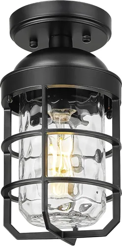 Vista 13 de Emliviar Lámpara de techo estilo granja, luz semiempotrada vintage para interior, luz de seguridad con vidrio templado transparente, acabado