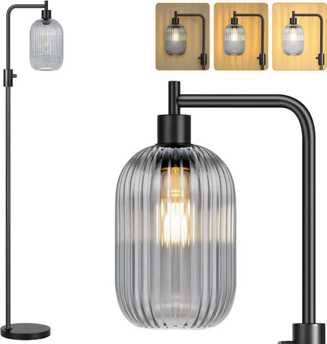 Vista 14 de 【Actualizada】Lámpara de pie regulable para sala de estar con pantalla de vidrio, lámpara de pie industrial moderna negra con bombilla LED de 900LM