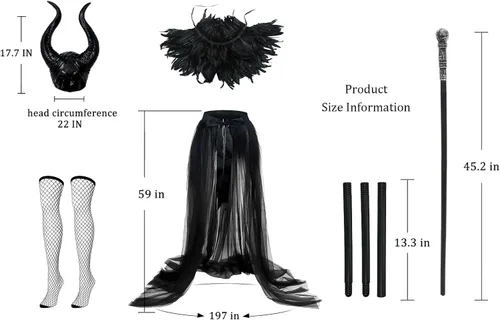 Vista 6 de UQJE Black Gothic Witch Costume Raven Costume Halloween Feather Shawl Mesh Cape with Horns Set