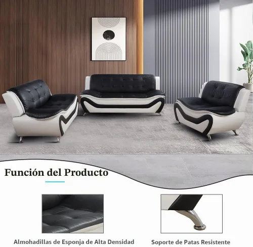 Vista 4 de Juego de sofá de cuero para sala de estar, juego de muebles de sala de estar de 3 piezas, juego de sofá moderno con sofá de 3 plazas, sofá biplaza