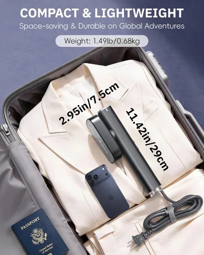 Vista 6 de OGHom Vaporizador para ropa, vaporizador de viaje de 110-240 V y plancha 2 en 1, potente vapor de 1000 W, removedor de arrugas de prendas portátil