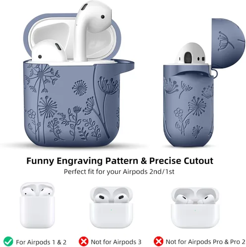 Vista 7 de Lerobo - Funda grabada con flores para estuche de AirPods, protector de silicona suave y elegante con llavero, compatible con estuche de carga