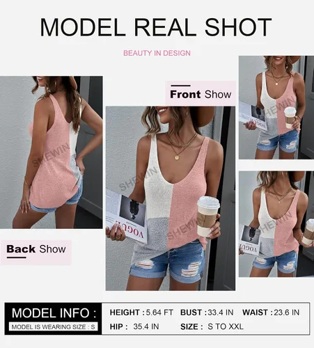Vista 3 de SHEWIN Blusa sin mangas de punto con cuello en V para mujer, casual, bloque de color, holgada, sin mangas