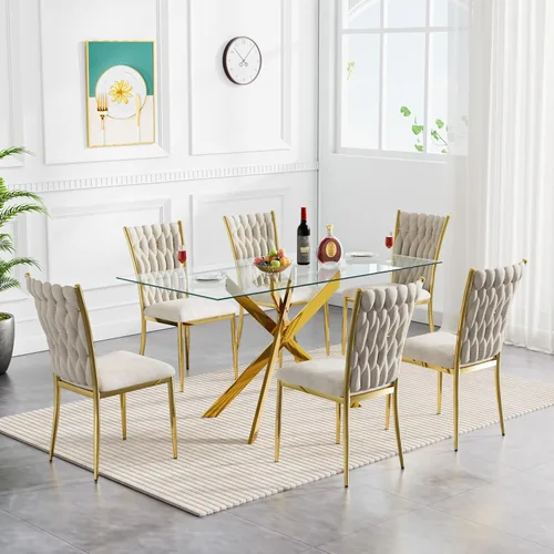 Vista 30 de Juego de mesa de comedor de cristal para cocina de 4, 5 piezas, mesa de comedor rectangular de 51 pulgadas con 4 sillas de cocina de terciopelo