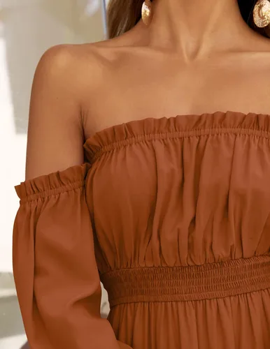 Vista 124 de ZESICA - Vestido largo, bohemio y sexy, con hombros descubiertos y manga larga fruncida, con elástico fruncido, cintura alta y abertura lateral