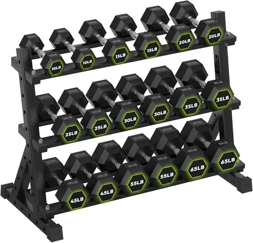 Vista 25 de HANDBODE Dumbbell Set with Rack, Rubber Coated Fixed Dumbbells 360-790 lbs Heavy Duty Hexagonal Weights, Non-Roll Hexagon Shape for Stability
