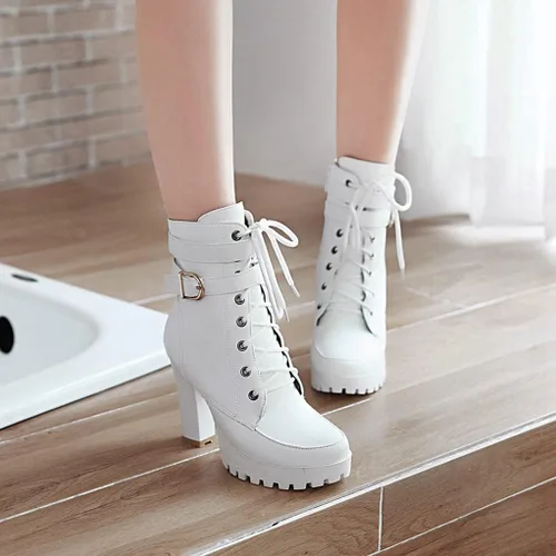 Vista 4 de MIOKE Botines elegantes con plataforma de punta redonda para mujer, con cordones, cierre de cremallera, tacón alto, botines cortos