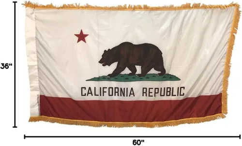 Vista 3 de Bandera de interior de California de 3 x 5 pies con dobladillo de poste y flecos ornamentales dorados