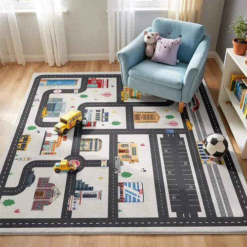 Vista 12 de Alfombra de Juego Redonda de 3.3 pies para Niños con Carreteras de la Ciudad - Alfombra de Lana Sintética Antideslizante con Diseño Interactivo