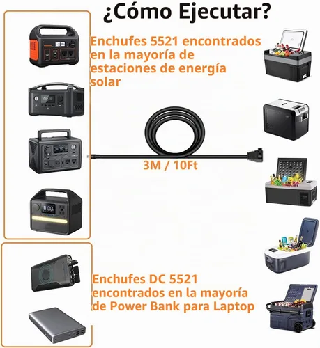 Vista 4 de Cable de enchufe para refrigerador de automóvil de 10 pies/3 M DC 5521/5525 a 12 V, cable de alimentación CC de 14 AWG para conectar la estación