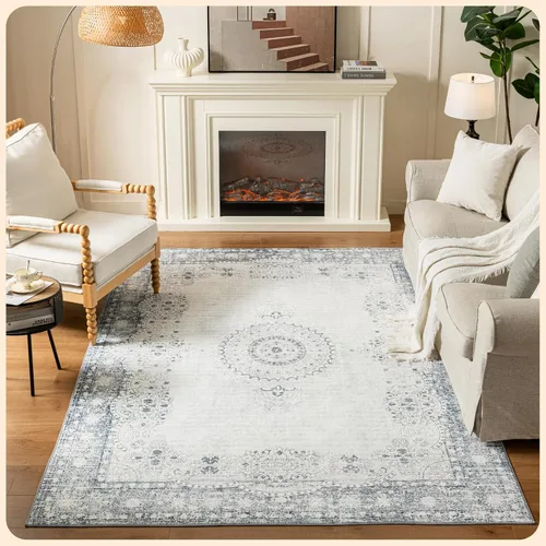 Vista 246 de Istana Alfombra larga antideslizante de 2.5 x 8 para el hogar, para pasillo y cocina, lavable, sedosa y suave al tacto, elegante, color azul y marfil