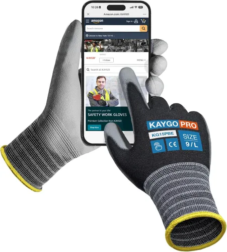 Vista 25 de KAYGO Guantes de trabajo con revestimiento de poliuretano 12 pares, KG15P, forro de nailon con revestimiento de poliuretano flexible, guantes