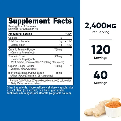 Vista 2 de Nutricost Cápsulas de Cúrcuma + Jengibre con Bioperine, 2400mg Por Porción, 120 Cápsulas - Sin OMG, Sin Gluten, 40 Porciones