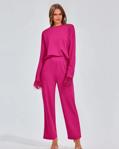 Vista 2 de BTFBM Women Two Piece Outfits 2023 Feather Trim Loose Long Sleeve Pullover Leg Pants Casual Sweatsuit Tracksuits Sets