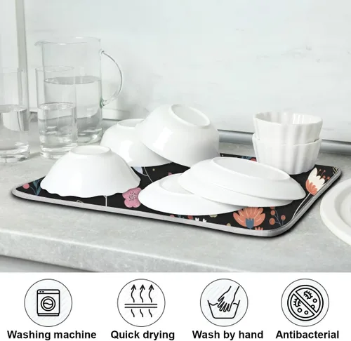 Vista 7 de Tapete de secado de platos de flores de fondo negro para encimera de cocina de 18 x 24 pulgadas, tapete de microfibra absorbente, tapete de secado