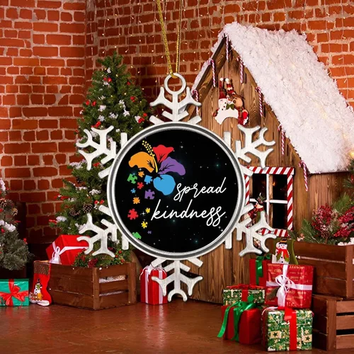 Vista 5 de Adornos para árbol de Navidad – Difunde flores para autismo y decoraciones navideñas de copo de nieve – Recuerdo de metal para el nuevo hogar