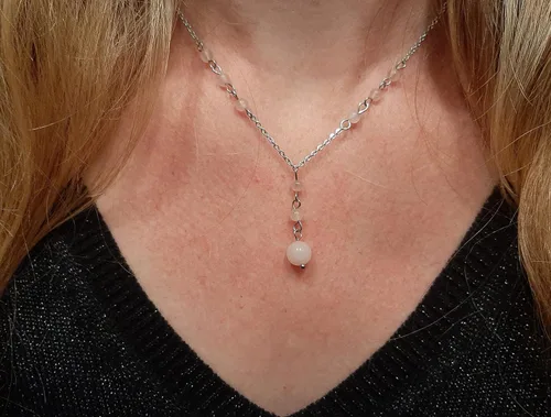 Vista 5 de Natural Crystal Bead Rose Quartz Y Shaped Lariat Necklace Non-Tarnish Steel Chain