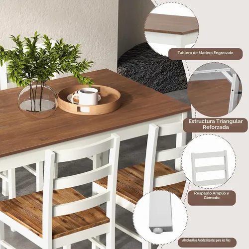 Vista 3 de Giantex Juego de comedor de 5 piezas para 4, mesa rectangular de madera maciza y 4 sillas con patas de madera de goma, juego de mesa de cocina