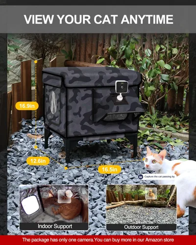Vista 6 de Casa calefaccionada para gatos para exteriores, soportes de doble cámara, 100% resistente a la intemperie y extremadamente aislada, refugio elevado